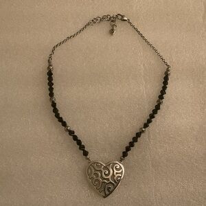 Brighton Silver Scroll Heart Pendant Necklace Black Beaded Chain Design Classic